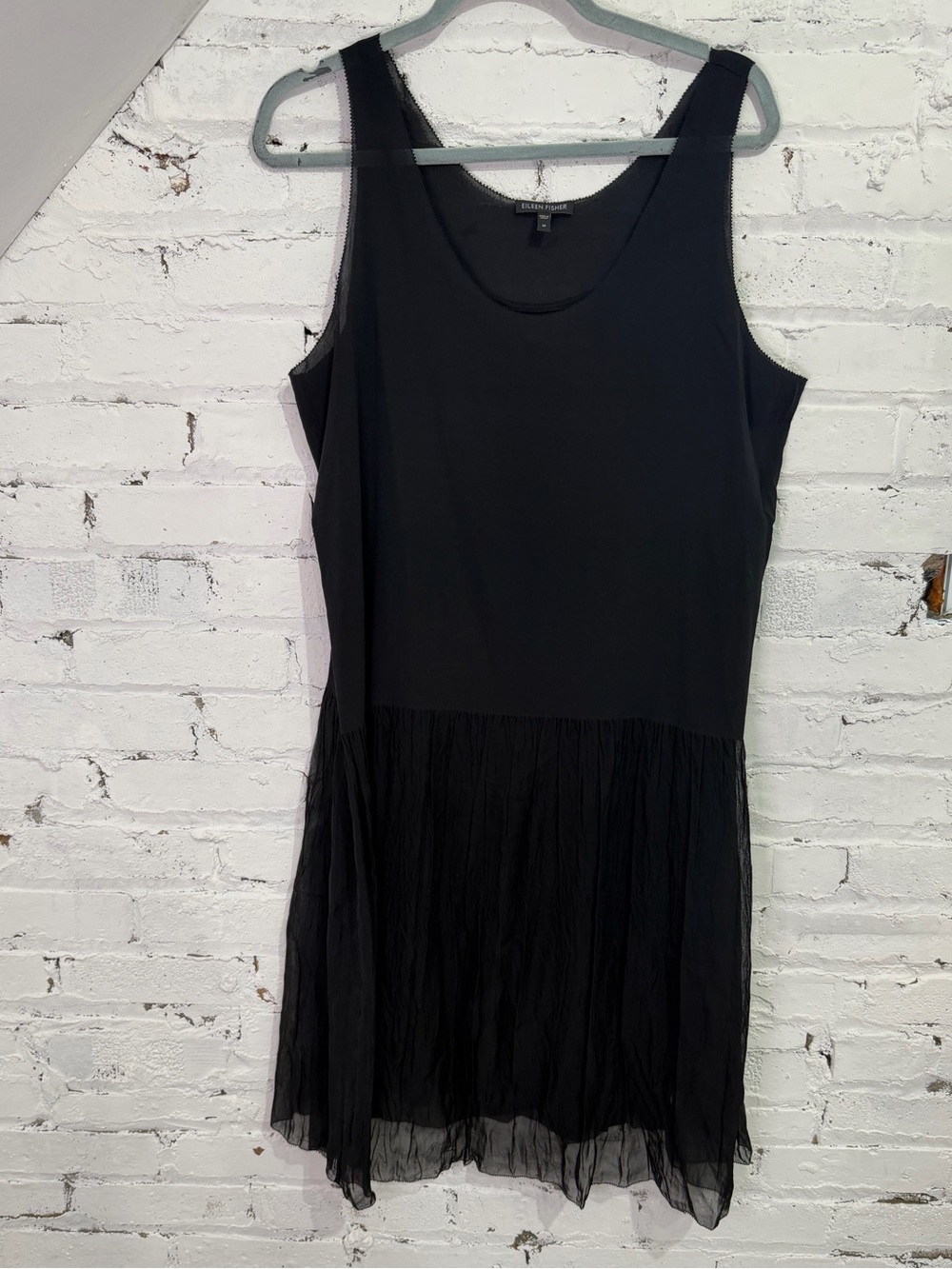 EILEEN FISHER Silk Georgette Black Gathered Sheer U-Neck Sleeveless Dress w Slip - Picture 5 of 11